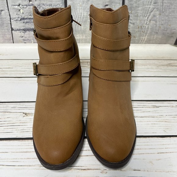 NEW Women's Just Fab Cognac Brown Ankle Booties Shoes Business Casual Dressy - Picture 3 of 9